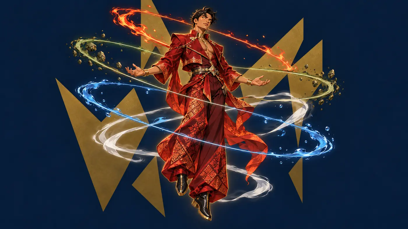 A bender in Shakti mode, surrounded by all four elements